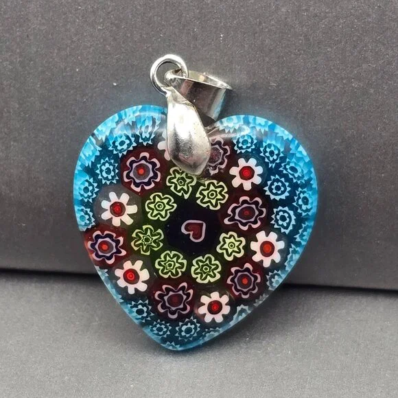 Murano Style Millefiori Glass Heart Pendant 1.25" Multicolor Floral 18k GF Bail - Picture 3 of 5